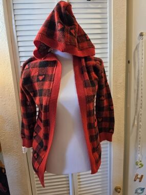 Sweet Stories Red and Black Hooded Buffalo Plaid Sweater W/ Heart Accents Medium
